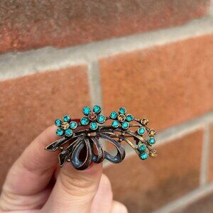 Vintage Teal and Brown Brooch Pin Small Genuine Crystals